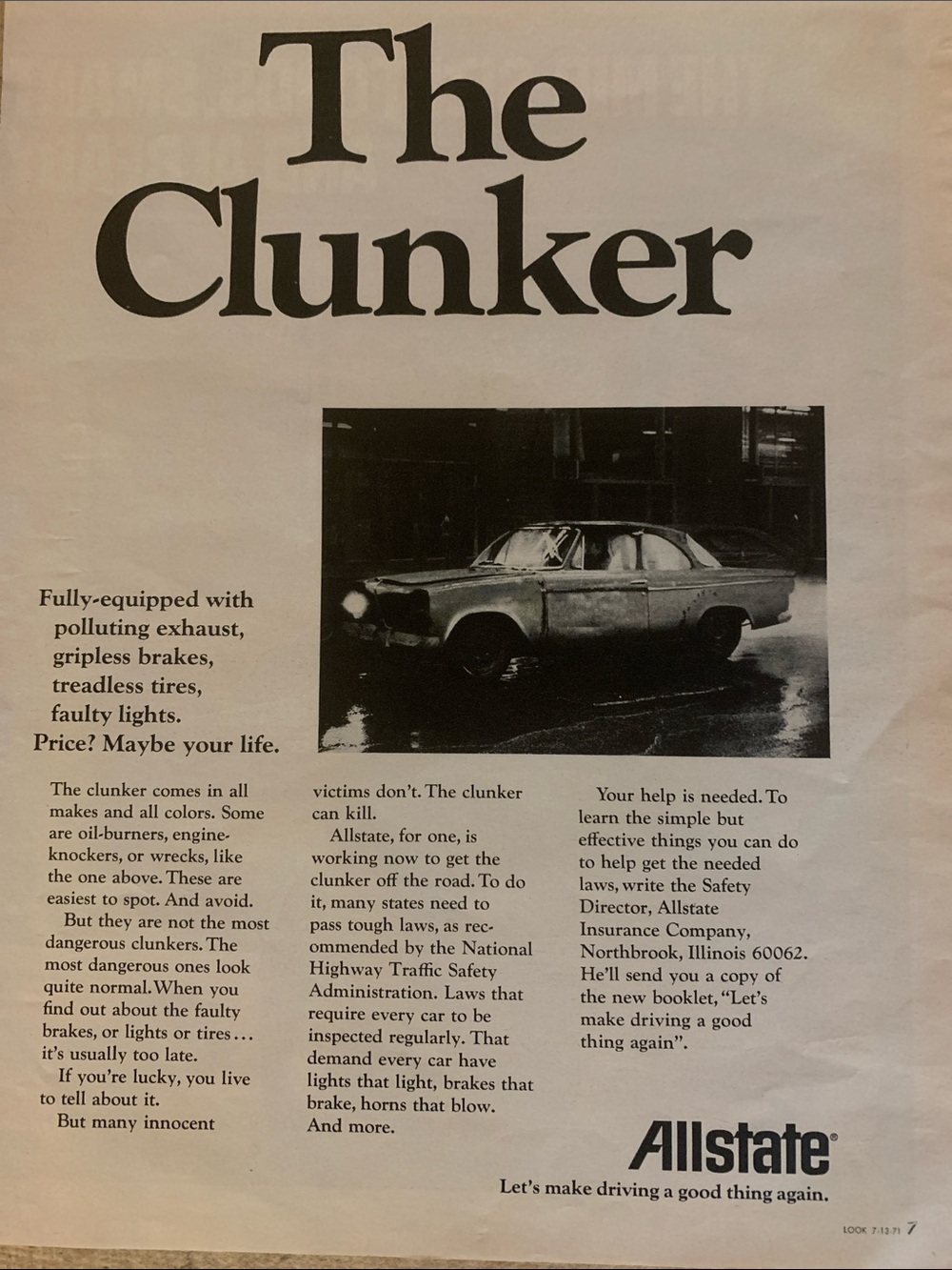 Vintage Look Magazine June 13, 1971 Allstate Insurance ad “The Chunker”